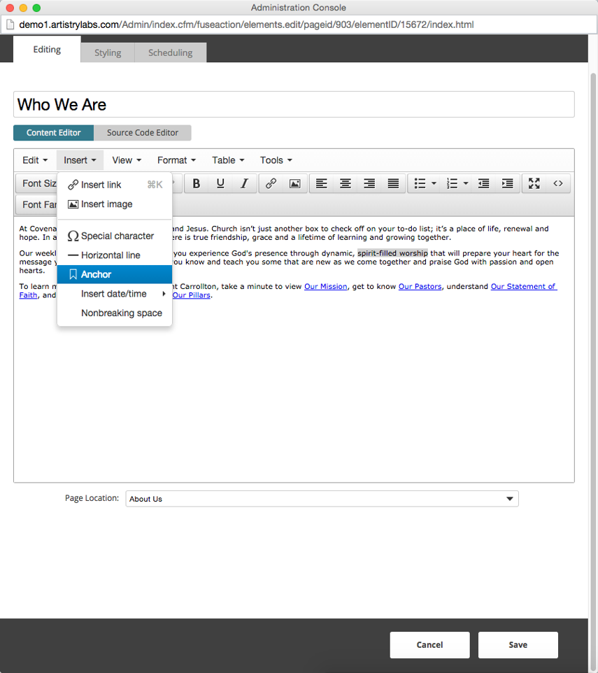Highlight the words that you want to be the anchor and then click on the anchor button. 