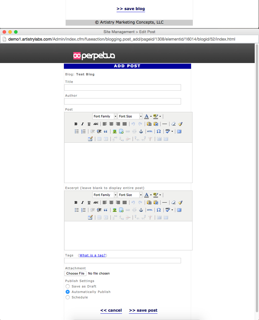 Click the Save button. After clicking the save button you will be taken to the Add Post window to post your first blog entry.