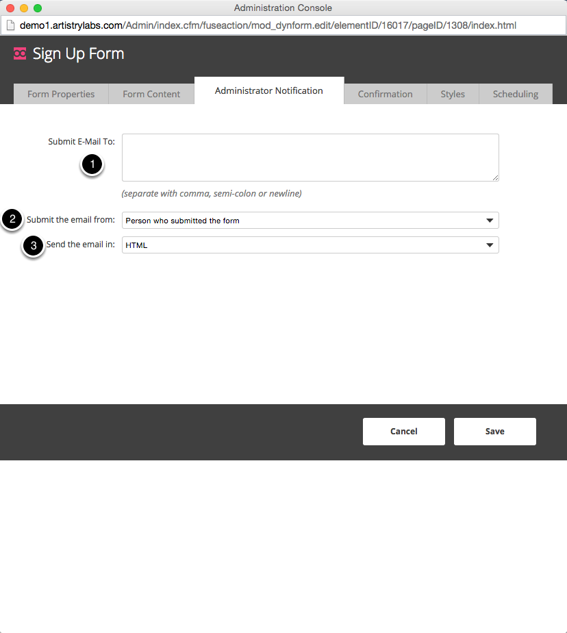 Administrator Notification Tab