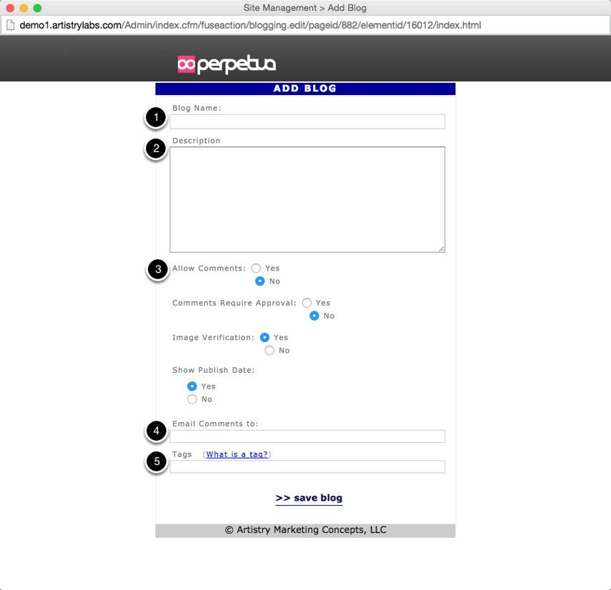 The Add Blog screen will pop-up. This screen allows you to setup up your Blog before you create your first post. Fill out each of the fields listed: