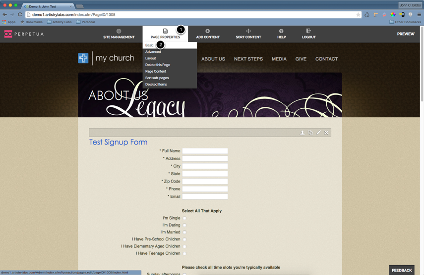 Open the properties window for the page you are on.