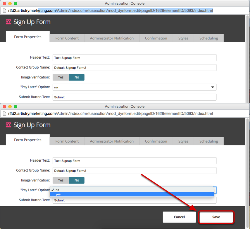 Set &quot;&quot;Pay Later&quot; Option&quot; to yes or no.