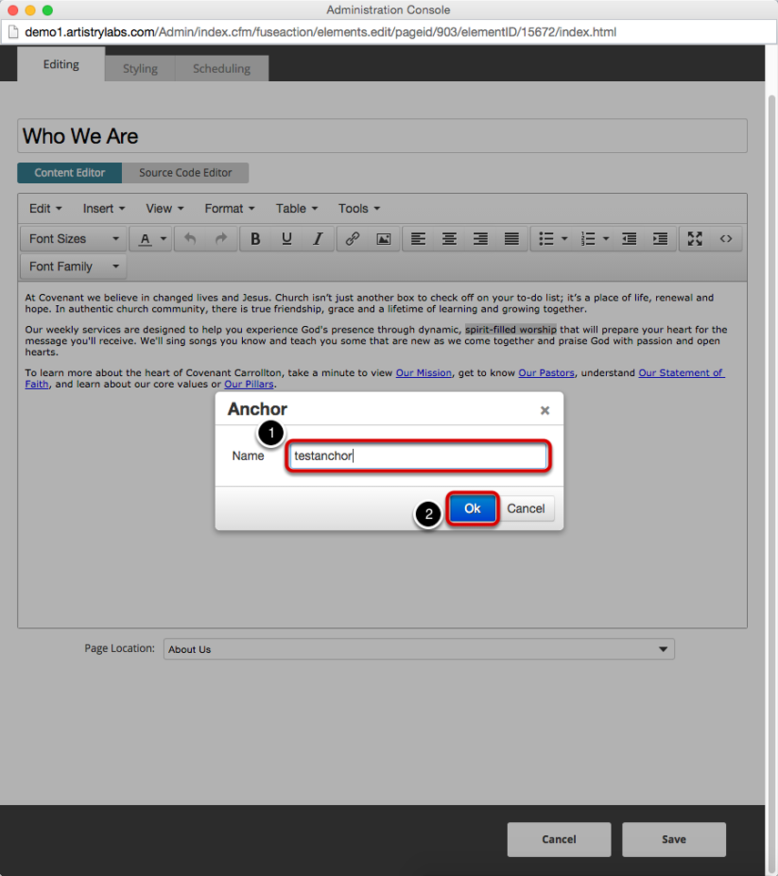In the pop-up window, give the anchor a name and then click &quot;Ok&quot;. 