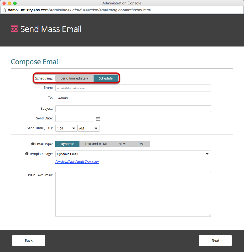 Change email setting to be a scheduled email.