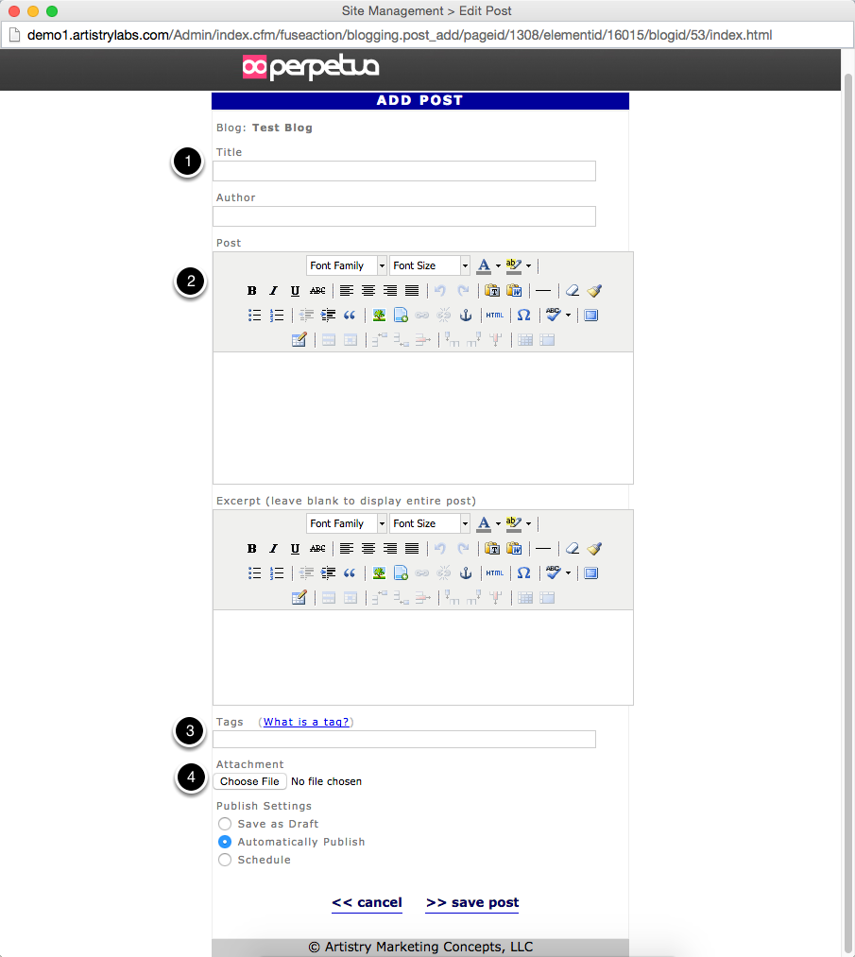Fill out the appropriate fields in the Add a Post screen