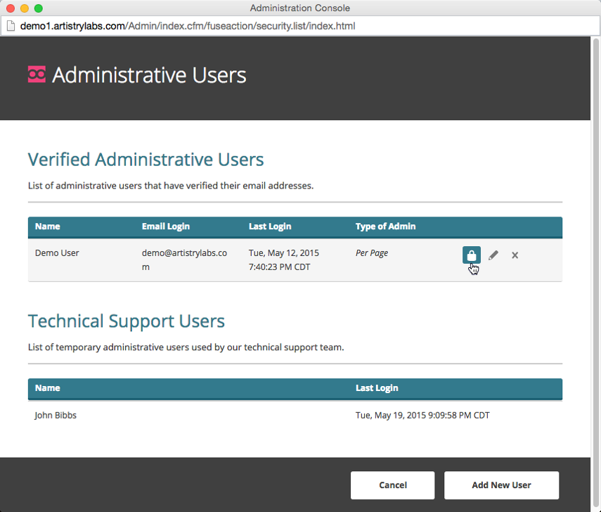 3. Click on the lock icon beside the administrator you need to edit.