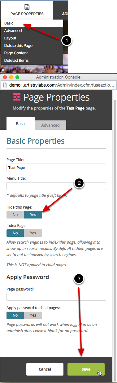 Hiding the page.