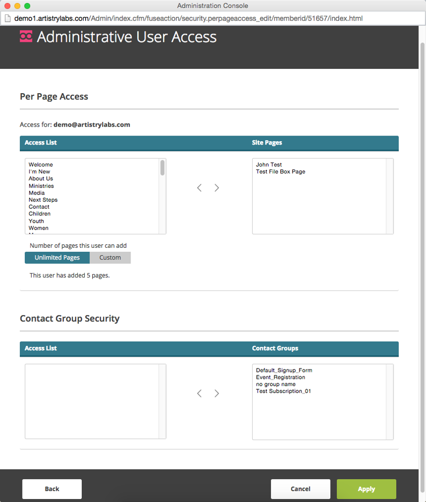 4. Set user permissions and click &quot;Apply&quot;