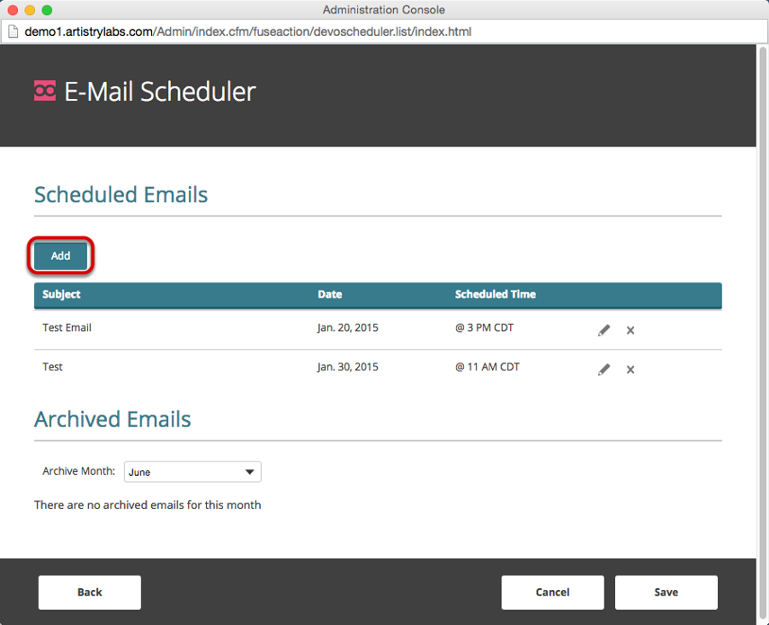 Click &quot;Add&quot; to schedule a new email.