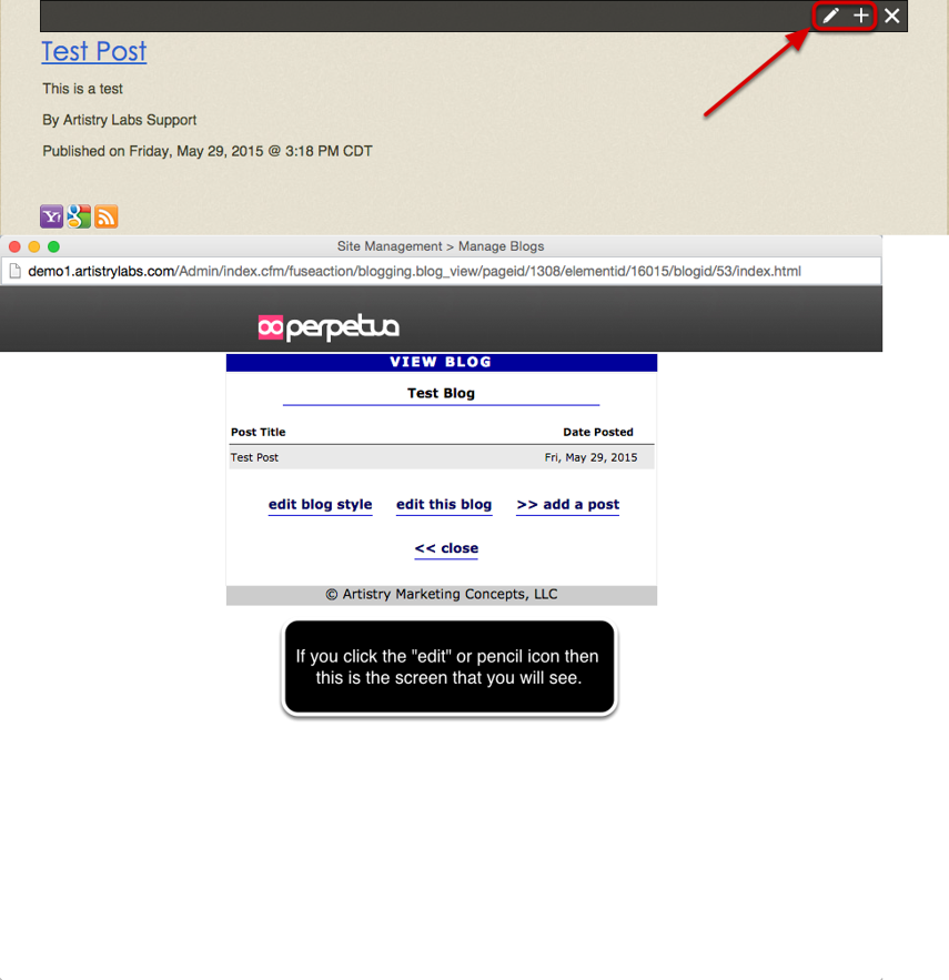 To add a post to a blog that you have already created, click the Edit or the Plus Icon in the top right hand corner of your blog.
