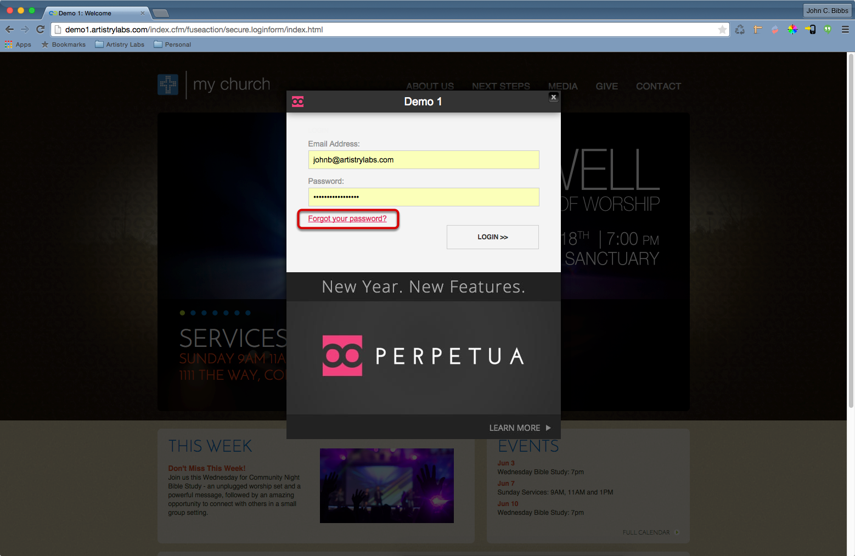 Click &quot;Forgot your password?&quot; on the Perpetua CMS login screen.