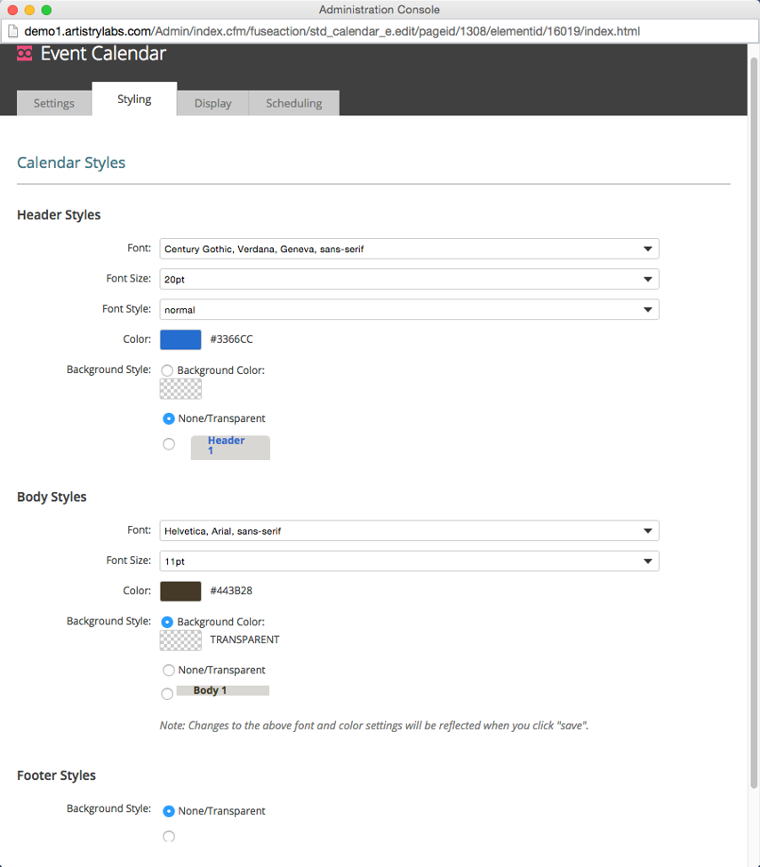 Calendar Styling Tab