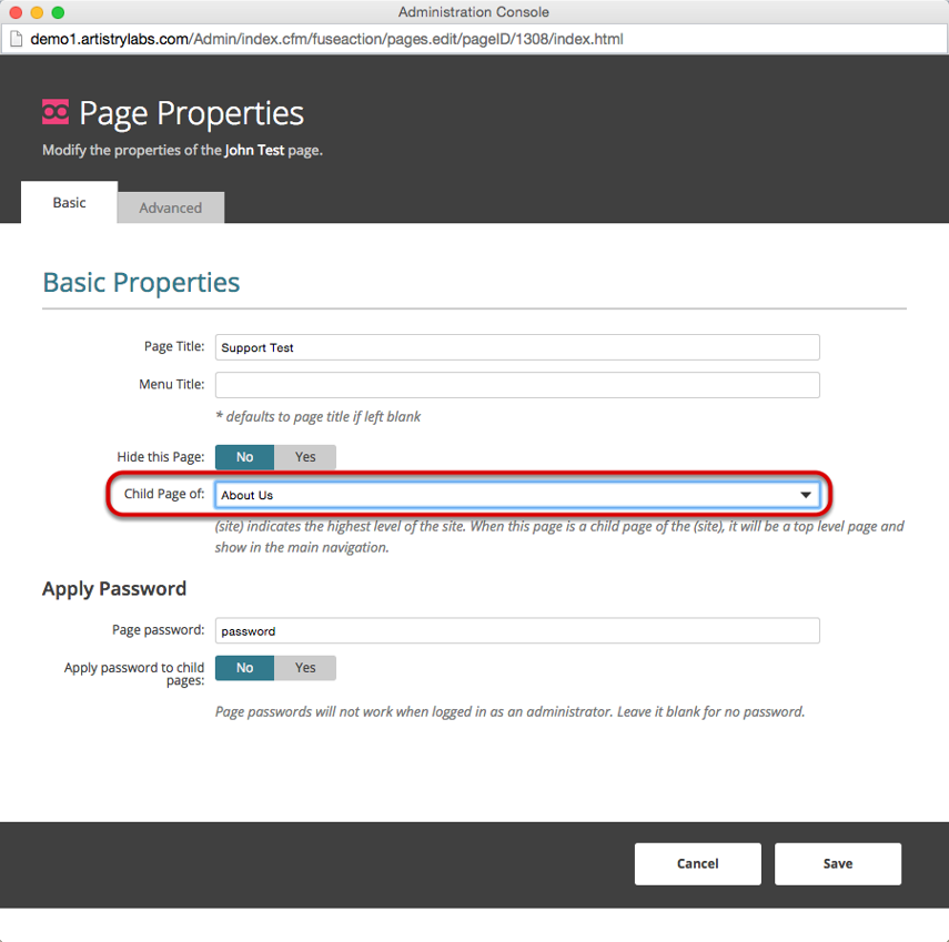 In the dropdown menu &quot;Child Page of:&quot; select the page that has the sub-page navigation menu that you want to display your current page.